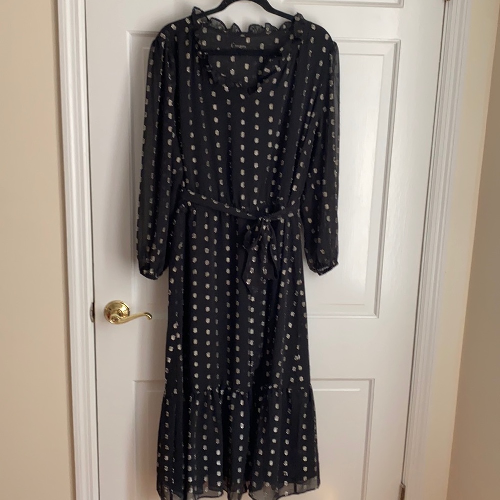 Talbots black silver dress 18w ruffles self belt